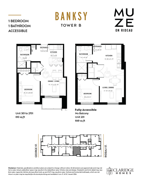 Floor plan for 1 bed, 1 bath, 610 sqft